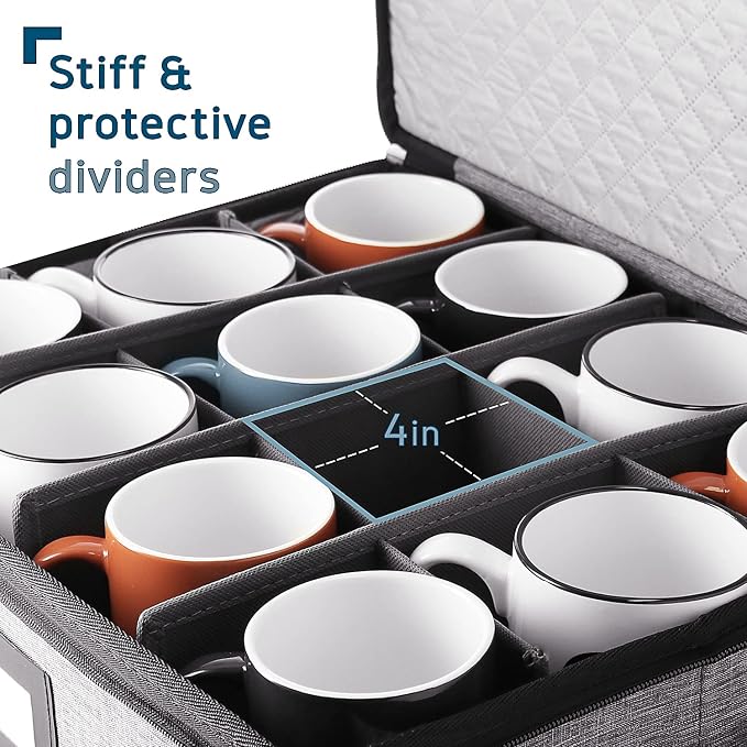 Fine China Storage Containers, 5 Piece Quilted Dish Storage Containers, Mug, Cup, and Plate Dish Organizer with Felt Dividers, Service of 12 Dinnerware Boxes for Moving, Seasonal Organization, Grey