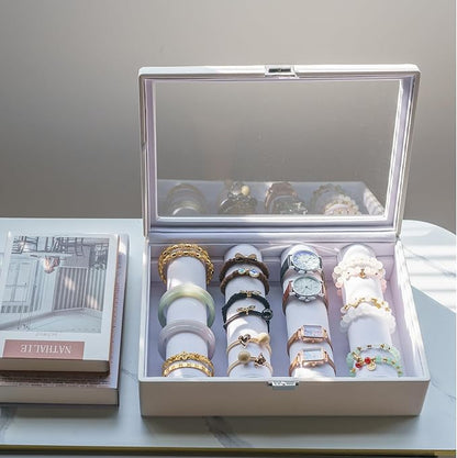 Bracelets Organizer Rods Bangles Display Holder, Clear See through Lid Leather Velvet Jewelry Storage Box Case for Women, 4 Rods White Leather