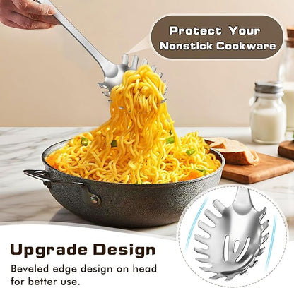 3 Pcs Stainless Steel Cooking Utensils Set, Heat Resistant Kitchen Utensils, Metal Kitchen Tools Include Solid & Slotted Spoon, Pasta Server, Ergonomic Handle, Dishwasher Safe, Easy to Clean, Silver