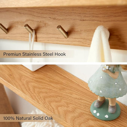 Wall Hooks with Shelf Oak Wood Coat Rack Shelf Wall Mounted, Entryway Shelves with 5 Metal Hangers for Clothes Hats Towel for Bathroom, Bedroom, Living Room (Natural, 20 inches)