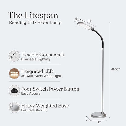 Brightech Litespan Slim LED Floor Reading Lamp with Adjustable Gooseneck for Living Rooms & Offices, Dimmable Standing Lamp for Bedroom - Silver