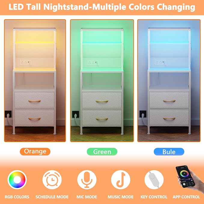 Furnulem Night Stand, Tall White Nightstand with 4-Tier Shelves, 2 PU Fabric Drawers and Led Lights, Bed Side Tables with Charging Station, Bedside Table for Bedroom
