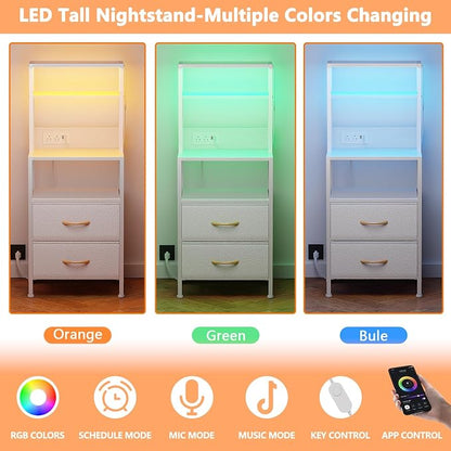 Furnulem Night Stand, Tall White Nightstand with 4-Tier Shelves, 2 PU Fabric Drawers and Led Lights, Bed Side Tables with Charging Station, Bedside Table for Bedroom