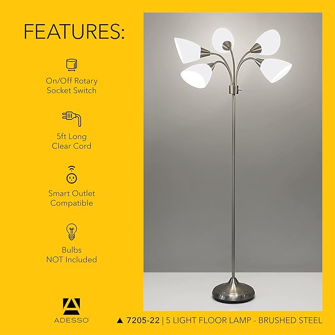 Adesso Floor Lamp with 5 Movable Shades & Adjustable Brightness – Perfect Lighting for Bedroom Decor, Beauty & Art Studio, Silver