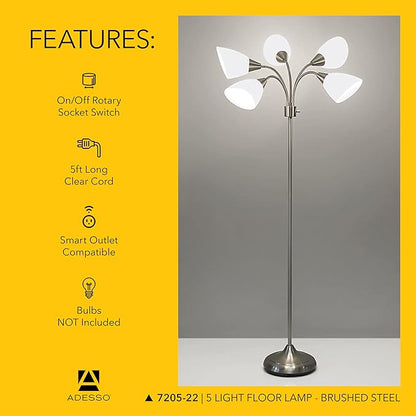 Adesso Floor Lamp with 5 Movable Shades & Adjustable Brightness – Perfect Lighting for Bedroom Decor, Beauty & Art Studio, Silver