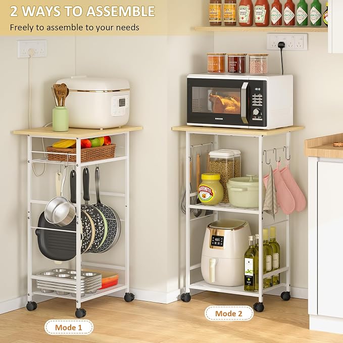 ThreeHio Rolling Kitchen Microwave Cart, 3 Tier Microwave Table Stand with Adjustable Shelf, Kitchen Storage Rack on Wheels, Coffee Station Cart Rack Shelf Organizer for Living Room Office, Balcony