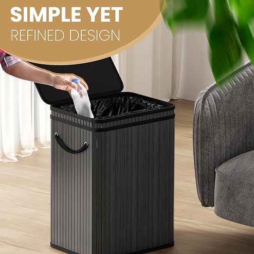 80 Liter/21 Gallon Large Trash Can with Lid, Garbage Bin Wastebasket made of bamboo, Outdoor Garbage Can/Waste/ Basket Bin for Home, Office, Bathroom, Kitchen 24" HX15.8 WX11.8 D (Advanced Black)
