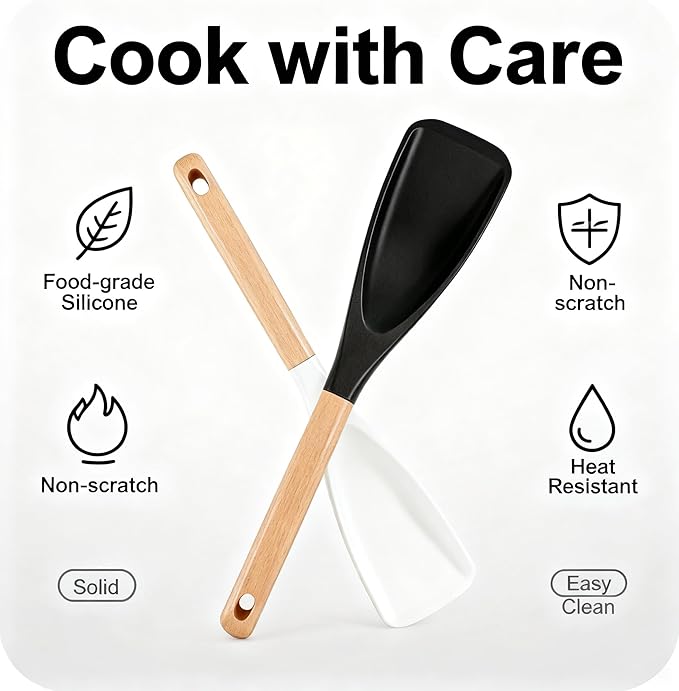 Silicone Cooking Spoon 2-Pack - Safe for Nonstick Cookware, BPA-Free Flexible Design for Cooking and Serving, Matte Black & White