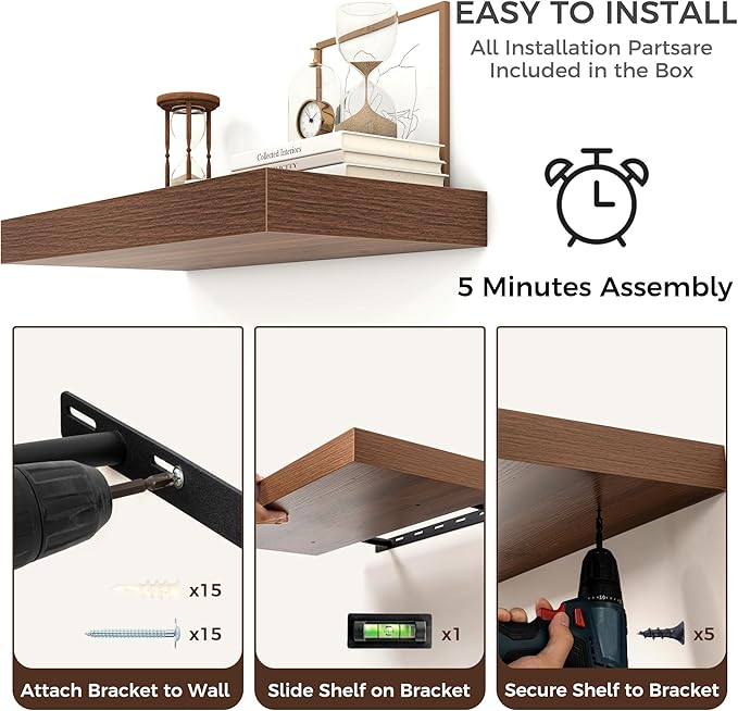 Floating Shelves for Wall, 24 Inch Wide x 12 Inch Deep Floating Shelves, Long Wood Floating Wall Shelf Shelves for Living Room Bathroom Bedroom Kitchen Home - (Walnut, 24" W x 12" D x 2" H)
