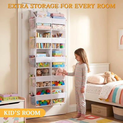 Over The Door Organizer 5 Tiers, Extra Large Behind Door Storage of 10 Compartments, 80 lbs Weight Capacity Hanging Storage Organizer with Clear Window Kids Toys, Shoes,Diapers, Room Storage, White