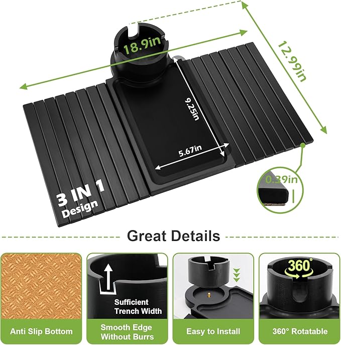 Couch Cup Holder Tray - 3 in 1 Sofa Arm Tray with 360° Rotating Cup Holder & Phone Stand,Fits Various Couches Arm Widths - Anti-Slip Foldable Couch Arm Tray for Snacks, Cellphone Remote