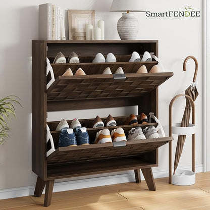 29.5“W Shoe Cabinet with 2 Embossed Checkerboard Pattern Flip Drawers, Freestanding Shoe Storage Cabinet with Solid Wooden Legs, Hidden Shoe Organizer for Entryway, Hallway, Walnut