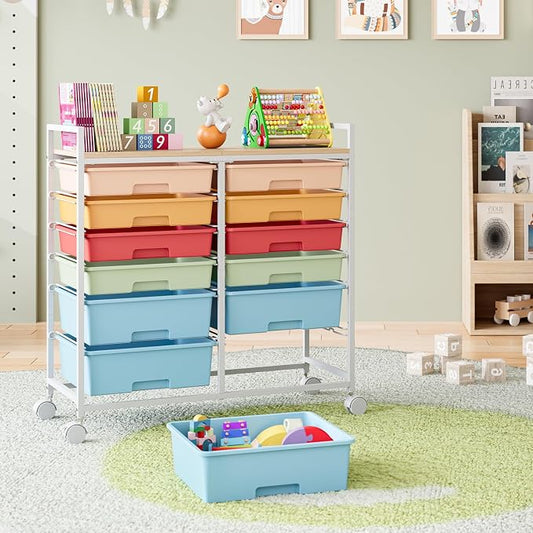 Rolling Storage Cart with 12 Drawers, Wooden Tabletop Utility Cart for Craft Storage, Art Supply Storage & Home Office Organization, Teacher Cart with Wheels for Classroom, School (Rainbow)