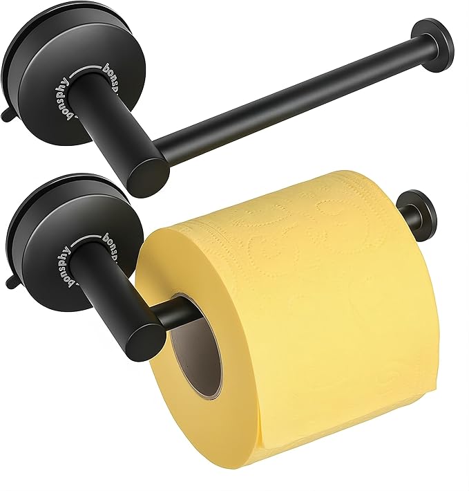 No-Drill Toilet Paper Holder Wall Mount - Removable Adhesive Suction Cup, 304 Stainless Steel, Multi-Function Hat Racks & Hand Towel Holder for Bathroom RV, 2 Pack, Matte Black