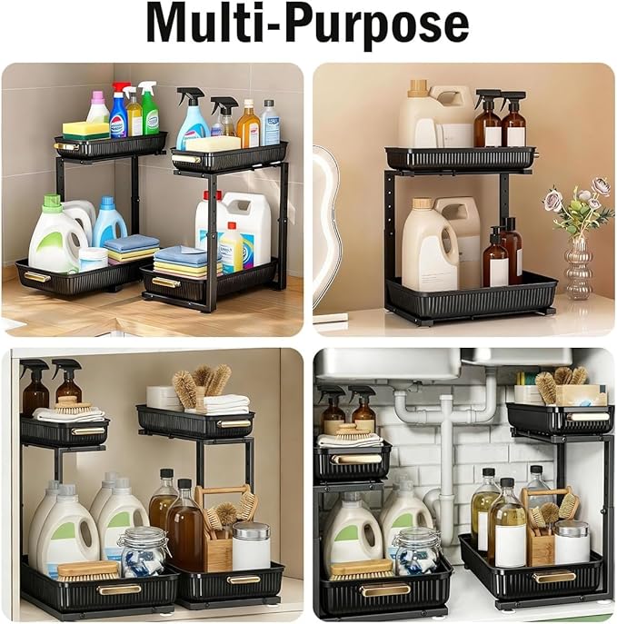 ARSTPEOE Under Sink Organizer - 2 Packs Multi-Purpose Pull-Out Storage Organizers, Slide out Pull out Metal Cabinet Organizer Shelf, Storage for Kitchen Bathroom, Black