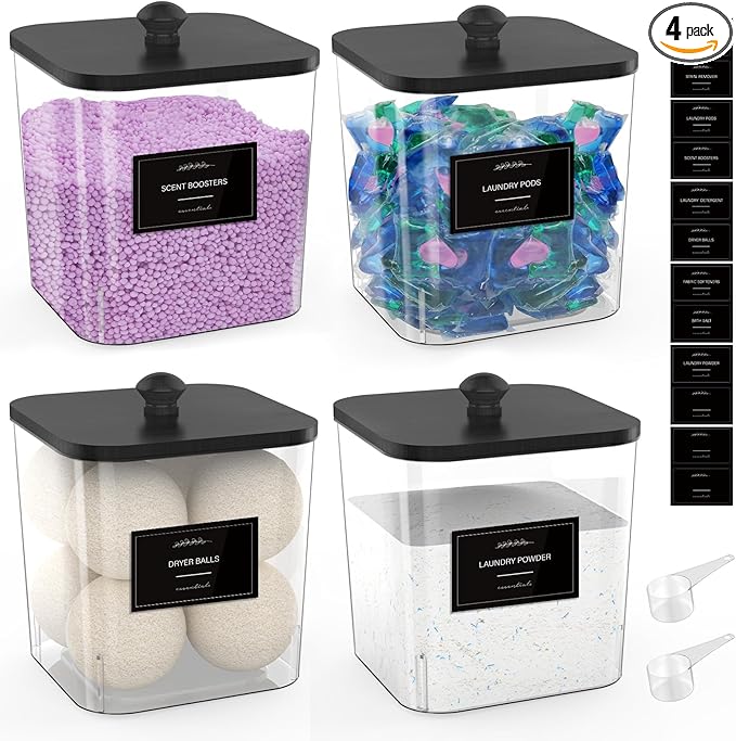 4 Pack Clear Laundry Pods Container, Plastic Square Laundry Room Organization and Storage Jars with Black Lids, Scoops & Labels for Detergent, Powder, Dryer Balls