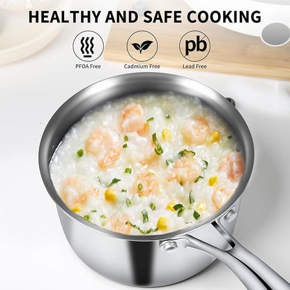 EWFEN 3 Ply Stainless Steel Saucepan with Lid, 3 Quart Multipurpose Cooking Pot, Stay-Cool Handle, Induction Oven Dishwasher Safe, 3 QT