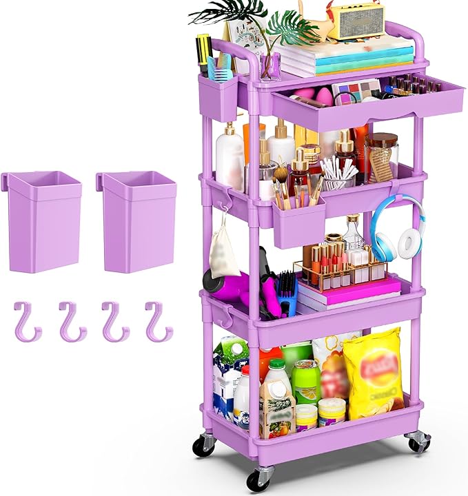 Goovilla Kitchen Cart with Drawers, 4 Tier Rolling Utility Cart Organizer on Lockable Wheels, Purple Fruit Vegetable Storage Rack Also for Cans, Snack, Craft, Art, Office, Beauty