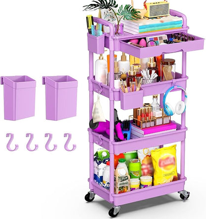 Goovilla Kitchen Cart with Drawers, 4 Tier Rolling Utility Cart Organizer on Lockable Wheels, Purple Fruit Vegetable Storage Rack Also for Cans, Snack, Craft, Art, Office, Beauty