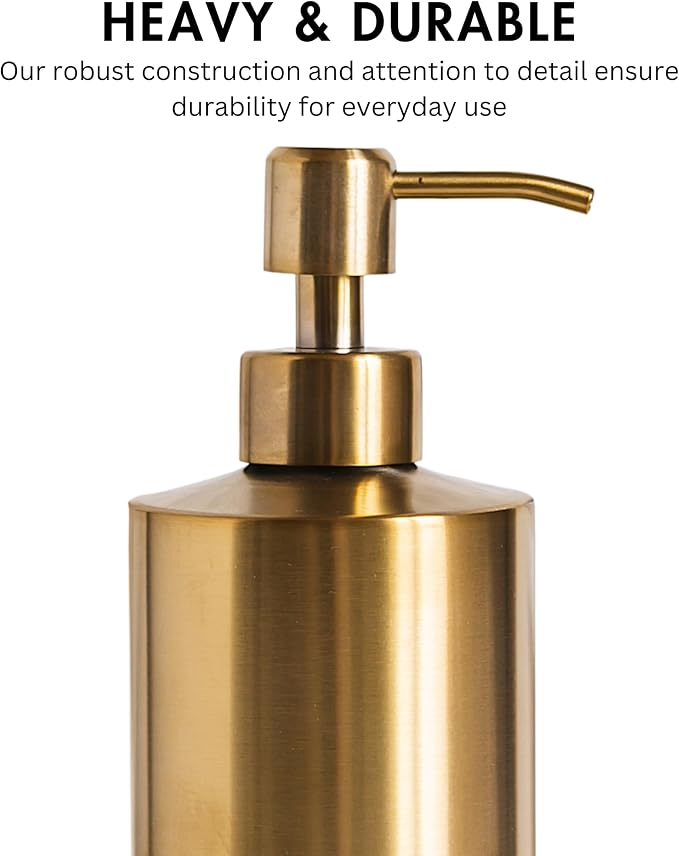 Brass Soap Dispenser for Kitchen & Bathroom – 15 oz Refillable Resin Pump Bottle for Dish Soap, Hand Soap, Shampoo, Conditioner – Modern Countertop Dispenser with Non-Slip Protective Pads