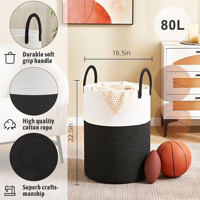 Artfeel Laundry Basket,Woven Cotton Rope Laundry Hamper,80L for Decorative Storage of Dirty Clothes,Toys and Blankets in Bathroom,Baby Room and Living Room