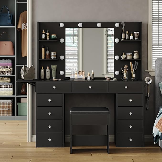 Vanity Desk with Power Outlet, Makeup Table with Mirror and 12 LED Lights, 3 Color Lighting Modes, 11 Drawers Makeup Vanity with 4 Shelves, Fold-up Panel, Vanity Set for Bedroom, Black
