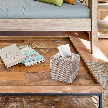 2 Pack Rattan Tissue Box Cover Square, Hand Woven Wicker Tissue Holder, 5.5 x 5.5 X 5.7 inch, Whitewash