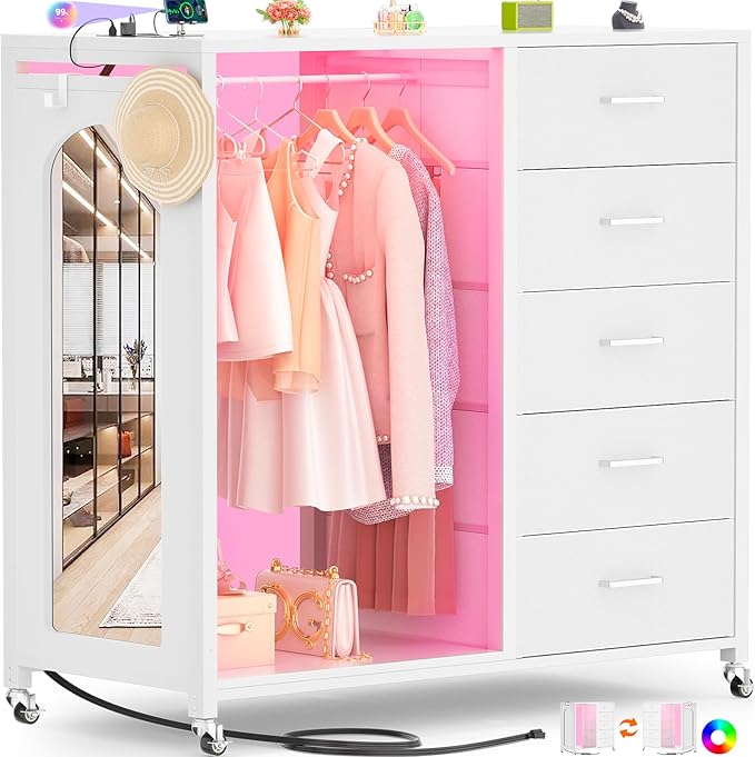 Cyclysio Dresser for Bedroom with Clothes Rack & Mirror, 5 Fabric Drawers Dresser with Charging Station & LED Lights, Rolling Chest of Drawers with Wheels, Full Length Mirror, Wooden Top, Closet