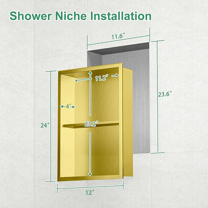 SaniteModar Shower Niche, Stainless Steel Shower Niche 12" X 24" No Tile Needed, Recessed for Bathroom Storage, Brushed Gold Double (Brushed Gold, 12x24,Double)