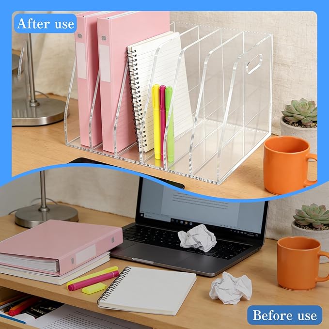 6-Tier Clear Acrylic File Holder, Vertical Document Organizer for Magazines, Binders, Notebooks & Envelopes - Multi-Purpose Desk Storage for Home Office（B5,6 Sections）