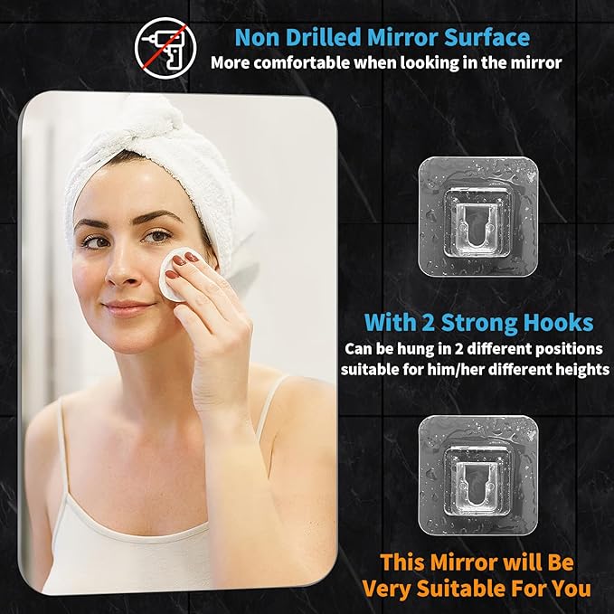 Fogless Shower Mirror, Large(10.2x7.8in) & Includes 2 Adhesive Hooks, Easy Install & Unbreakable & Super Thick, Fog Free (No Fog) Shower Mirror for Shaving