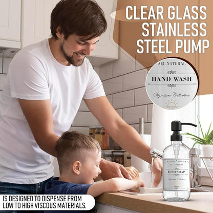 Sunrise Premium 2 Pack Clear Glass Soap Dispenser 16 OZ with Matte Black Stainless Steel Pump, Hand and Dish Soap Dispenser Set for Bathroom and Kitchen Sink with 6 Waterproof Labels