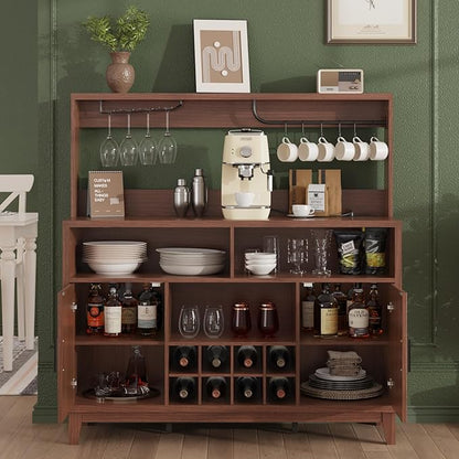 Fluted Buffet Cabinet with Storage, Modern Coffee Bar Cabinet with Outlet, Removable Wine Rack, Multi-Functional Accent Liquor Cabinet for Living Room, Entryway, Kitchen, Walnut