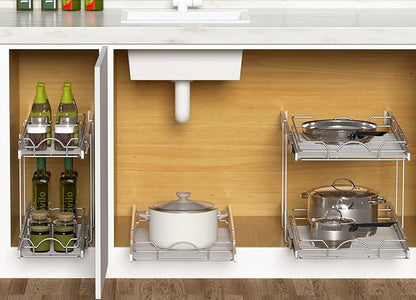 OCG Pull Out Cabinet Organizer (12" W x21 D), Pull out Shelves for Kitchen Cabinets, Slide Out Drawers for Base Cabinet Organization in Kitchen Bathroom Pantry, Bottom Mount, Chrome Finish