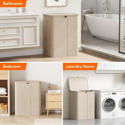 Lifewit 185L 3 Section Laundry Hamper with Lid, Large Laundry Basket with Handles and Removable Bags, Tall Clothes Hamper, Foldable Laundry Sorter for Bedroom Bathroom, Beige