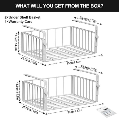 AmonHouseware 2Pack Under Shelf Basket Organizer,Adjustable Hanging Holder Storage for Cabinet Pantry Kitchen Cupboard Desk Counter Bookshelf Organization Add-on Space Saver Heavy Duty Slide-in,White