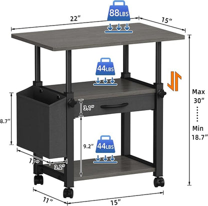 YAOHUOO 22"x15" Large Printer Stand with Drawer, 3-Tier Rolling Table Cart | Storage Drawer and Side Bag,Height Adjustable Cart,Fit printer/fax/3d/scanner,4 lock wheels or feet,Gray