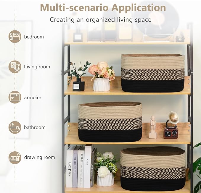 Cotton Rope Storage Basket, 15x10x9 Inches, Woven Basket for Shelves, Clothes, Towels, Books, and Laundry, Gradient Black/Brown (2 Pack)