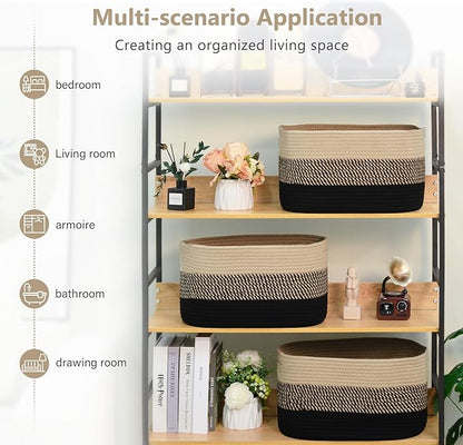 Cotton Rope Storage Basket, 15x10x9 Inches, Woven Basket for Shelves, Clothes, Towels, Books, and Laundry, Gradient Black/Brown (2 Pack)