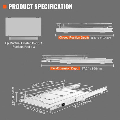 VEVOR 12.5"Wx16.5"Dx3.5"H Pull Out Cabinet Organizer, Heavy Duty Slide Out Pantry Shelves, Chrome-Plated Steel Roll Out Drawers Storage, for Home, Under Sink, 14"Wx17.5"Dx7"H Install Size for Cabinet