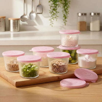 4 Sets Small Glass Bowls with Pink Lids 6.8oz Ribbed Clear Glass Containers Stackable Dessert Custard Pudding Cups Condiment Bowls for Sauces Dips Nuts Oats Candy Dessert Cereal