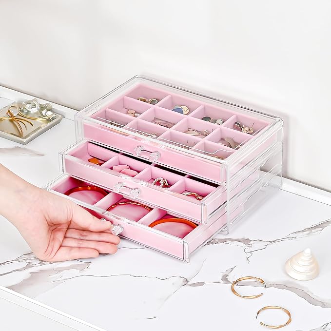 ProCase Earring Holder Organizer Jewelry Box with 3 Drawers, Acrylic Clear Earring Case with Adjustable Velvet Trays for Women - Pink, 3 Layers