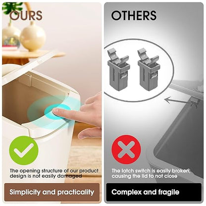 CEROELDA 3 Pack Bathroom Trash Can with Lid, 10L/2.6 Gal Small Garbage Can with Press Top Lid, Slim Plastic Waste Basket for Toilet, Office, Bedroom (Beige)