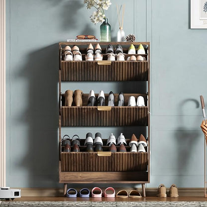 Shoe Cabinet Storage,Modern Freestanding Organizer with 3 Flip Drawers,Narrow Shoe Rack Cabinet for Entryway,Walnut