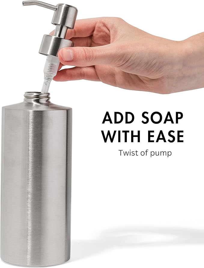 Silver Soap Dispenser for Kitchen & Bathroom – 15 oz Refillable Pump Bottle for Dish Soap, Hand Soap, Shampoo, Conditioner – Modern Countertop Dispenser with Non-Slip Protective Pads