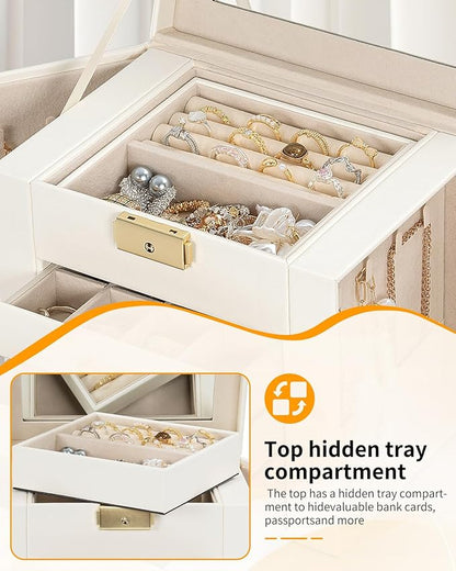 AKOZLIN 4-Tier Jewelry Box Leather Jewelry Storage Organizer with 3 Drawers Lockable for Women Girls Ring Necklace Earring Bracelet Holder with Mirror White