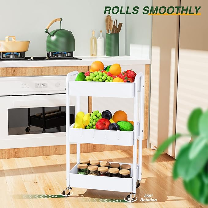 LEHOM 3 Tier Rolling Storage Cart, Metal Trolley Utility Cart with Wheels & Hooks, Easy Assembly Organizer Storage Cart for Bathroom Kitchen Office Bedroom