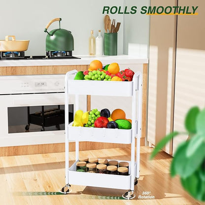 LEHOM 3 Tier Rolling Storage Cart, Metal Trolley Utility Cart with Wheels & Hooks, Easy Assembly Organizer Storage Cart for Bathroom Kitchen Office Bedroom