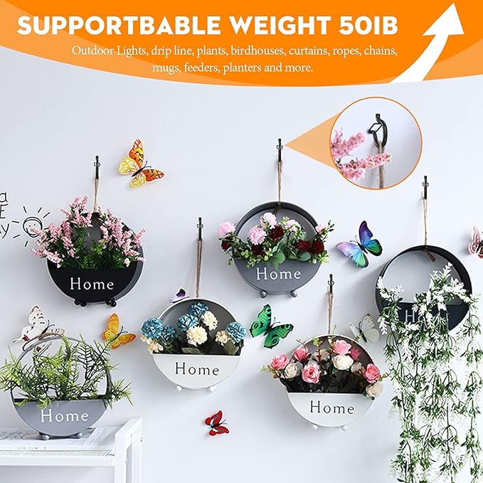 32Pcs Q-Hanger Hooks with Safety Buckle, Windproof Screw Hooks for Hanging Outdoor String Lights, Plants, Christmas Decorations, Includes Wing Nut Driver, Black