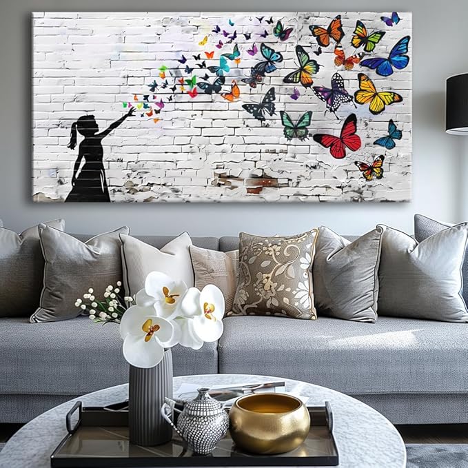 Canvas Wall Art Butterfly Girl - Modern Graffiti Paintings for Living Room, Bedroom Wall Decor, Framed Wall Art for Home or Office Decoration 20"x40"(50CMx100CM)